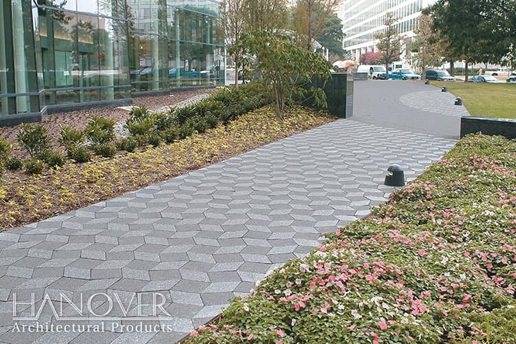 Brick pathway with a Hanover 3D-diamond pattern in front of a large office building