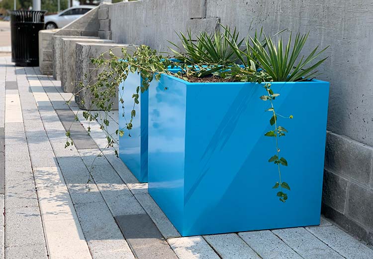 Form and Fiber custom large square metal planters in blue lined up against the outside wall of an office building.