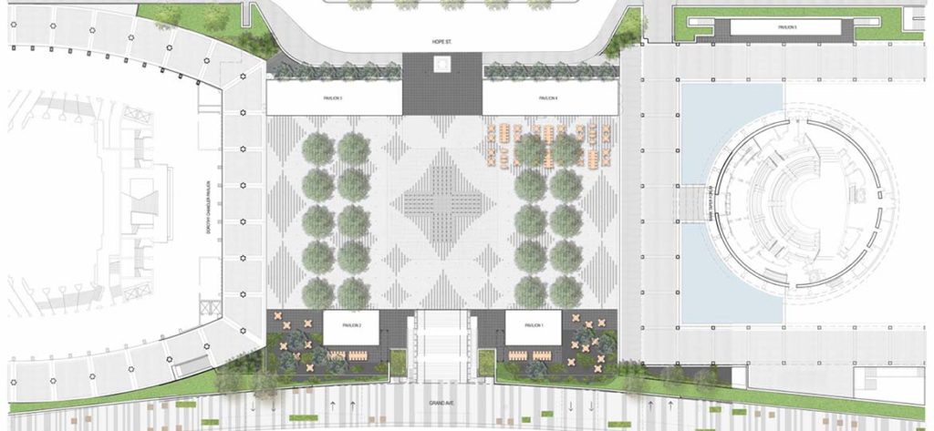 Architectural rendering of The Music Center Plaza from directly overhead.