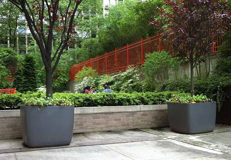 City park with full-size trees planted in Greenform Osaka-style large cement planters. Please seated at an outdoor table are in the distance
