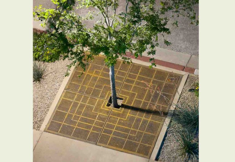 Seen from overhead, a sidewalk tree is surrounded by Ironsmith bronze-tone tree grates in the Market style
